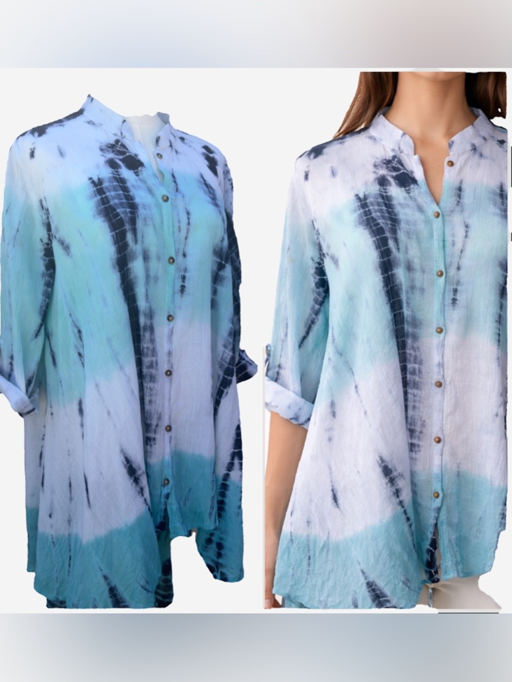 XCVI Mindset Tie Dye Button Front Blouse Blue Aqua Boho Lightweight Top Size M